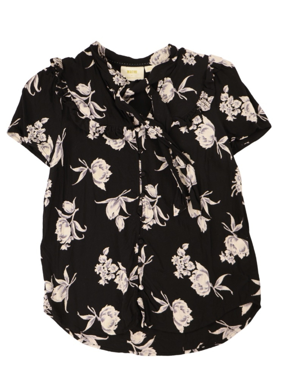 Maeve Anthropologie Floral Blouse Small Black White Tie Neck Ruffle Top Boho